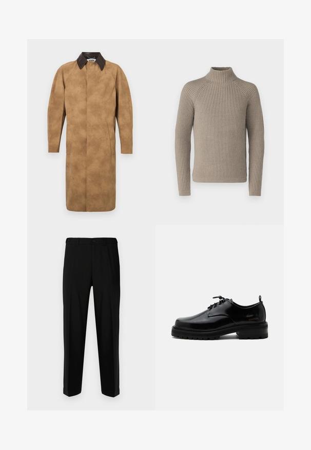 Tan suède jas met een bruine leren kraag, lange mouwen, zijzakken en een recht gesneden ontwerp. Glad textuur met minimale details.; Beige geribbelde coltrui met lange mouwen, met een getailleerde pasvorm en een gestructureerd breipatroon. Gemaakt van een zachte stof.; Zwarte broek van gladde stof, met een rechte snit, twee voorzakken en een ritssluiting met knoopsluiting.; Zwarte gepolijste leren veterschoen met dikke rubberen zool en lage hak, zijmerktekst "SAMSOE" en een achterste aantreklus.