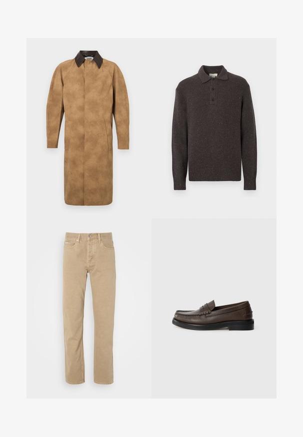 Beige Wildledermantel mit einem braunen Lederkragen, langen Ärmeln, Seiten Taschen und einem geraden Schnitt. Glatte Textur mit minimalen Details.; Dunkelbrauner gestrickter Pullover mit Kragen, Drei-Knopf-Leiste sowie gerippten Bündchen und Saum. Verfügt über ein strukturiertes Muster mit Farbsprenkel.; Beige Baumwollhose mit geradem Bein, ausgestattet mit Fronttaschen, einem Knopfverschluss und dezenten Nähten entlang der Säume.; Brauner Lederloafer mit einer genähten Detailverzierung auf der Schuhspitze, flacher Sohle und niedrigem, gestapeltem Absatz. Glatte Textur mit minimalistischem Design.