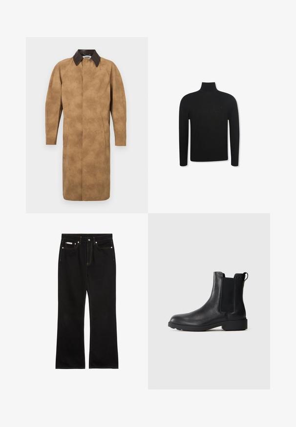 Tan suède jas met een bruine leren kraag, lange mouwen, zijzakken en een recht gesneden ontwerp. Glad textuur met minimale details.; Zwarte coltrui met lange mouwen, een slanke pasvorm en een subtiel logo op de linkerborst, weergegeven op een witte achtergrond.; Zwarte jeans met rechte pijpen, oranje stiksels, vijf zakken, knoopsluiting en een klein Calvin Klein-label op de voorste rechterzak.; Zwarte leren enkelboot met elastische zijpanelen, trekhaak op de hiel en een lage blokzool tegen een effen achtergrond.