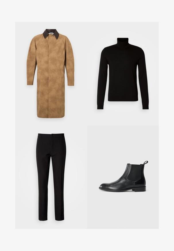 Beige Wildledermantel mit einem braunen Lederkragen, langen Ärmeln, Seiten Taschen und einem geraden Schnitt. Glatte Textur mit minimalen Details.; Schwarzer Rollkragenpullover aus feiner Strickware, mit langen Ärmeln und taillierter Silhouette. Glatte Textur mit gerippten Bündchen.; Schwarze Hose aus glattem Stoff, mit geradem Bein, vorderer Knopfverschluss und dezenten Seitentaschen. Schlichter und maßgeschneiderter Look.; Schwarze Leder-Stiefelette mit elastischen Seiteneinsätzen, abgerundeter Zehenpartie und einem Zugschlauf. Glatte Textur, flache Sohle, minimalistisches Design.