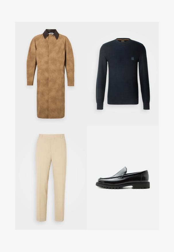 Tan suède jas met een bruine leren kraag, lange mouwen, zijzakken en een recht gesneden ontwerp. Glad textuur met minimale details.; Gebreide donkerblauwe trui met lange mouwen, ronde hals, textuurstof en een klein logo-opnäher op de borst.; Beige op maat gemaakte broek met een recht gesneden ontwerp, gemaakt van lichtgewicht stof, met twee voorzakken en nette, geplooide vouwen.; Zwarte leren loafer met dikke rubberen zool, gestikte bovenkant en gegraveerde merknaam op de hiel, zijaanzicht op witte achtergrond.
