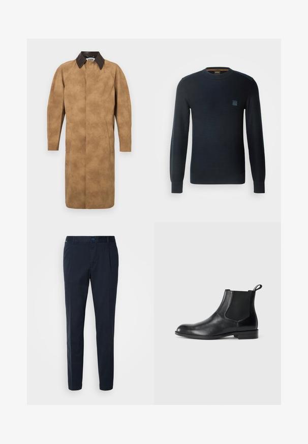 Tan suède jas met een bruine leren kraag, lange mouwen, zijzakken en een recht gesneden ontwerp. Glad textuur met minimale details.; Gebreide donkerblauwe trui met lange mouwen, ronde hals, textuurstof en een klein logo-opnäher op de borst.; Navyblauwe broek van een katoenmix, met een rechte snit, plooien aan de voorkant en een knoopsluiting in de taille. Gladde textuur, geen patronen.; Zwarte leren enkelboot met elastische zijpanelen, ronde neus en een trekhaak. Gladde textuur, platte zool, minimalistisch ontwerp.