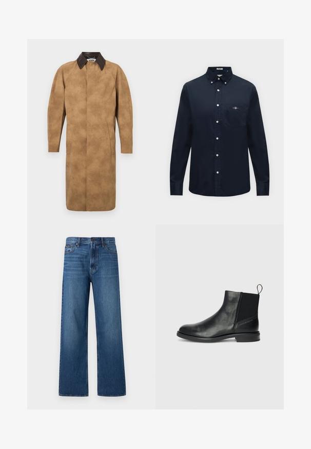 Tan suède jas met een bruine leren kraag, lange mouwen, zijzakken en een recht gesneden ontwerp. Glad textuur met minimale details.; Donkerblauw overhemd met lange mouwen, knopen, een knoopkraag en een borstzak met klein geborduurd logo.; Blauwe high-waisted jeans met rechte pijpen, voorzien van een knoop- en ritssluiting aan de voorkant, vijf zakken en een klein merklabel op de rechterzak.; Zwarte leren enkellaarzen met elastische zijpanelen, ronde neus, lage blokhak en een treklipje aan de achterkant voor gemakkelijk aan- en uittrekken.