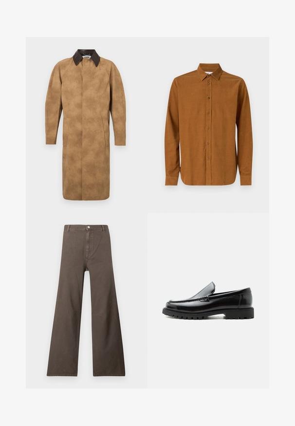 Tan suède jas met een bruine leren kraag, lange mouwen, zijzakken en een recht gesneden ontwerp. Glad textuur met minimale details.; Bruine overhemden met lange mouwen van glad materiaal, voorzien van een klassieke kraag en zeven knopen aan de voorkant, met rechte manchetten.; Bruine wijde broek met hoge taille, knoopsluiting, riemlussen en zichtbare naden op de benen.; Zwarte leren loafer met dikke rubberen zool, gestikte bovenkant en gegraveerde merknaam op de hiel, zijaanzicht op witte achtergrond.