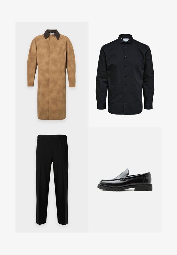 Beige Wildledermantel mit einem braunen Lederkragen, langen Ärmeln, Seiten Taschen und einem geraden Schnitt. Glatte Textur mit minimalen Details.; Herren Langarm schwarzes Hemd mit Knopfleiste vorne und klassischem Kragen, aus glattem Stoff.; Schwarze Hosen aus glattem Stoff, mit geradem Schnitt, zwei vorderen Taschen und einem Reißverschluss mit Knopfverschluss.; Schwarzer Lederloafer mit grober Gummisohle, genähter Oberseite und geprägtem Markennamen an der Ferse, seitlich auf weißem Hintergrund gezeigt.
