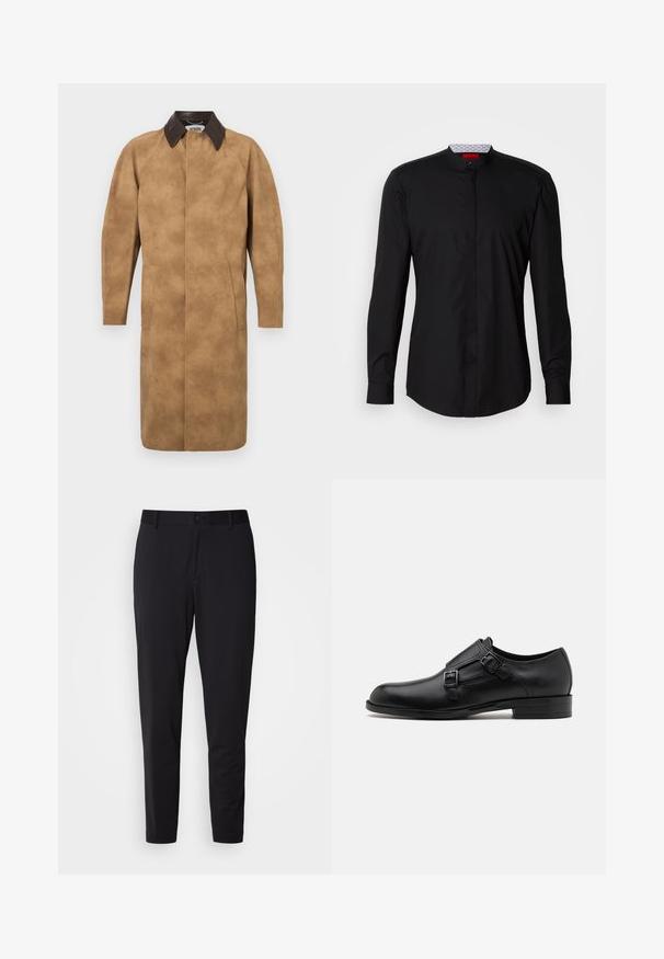 Tan suède jas met een bruine leren kraag, lange mouwen, zijzakken en een recht gesneden ontwerp. Glad textuur met minimale details.; Zwart shirt met lange mouwen en een mandarijnkraag, gemaakt van een gladde stof, met een knoopsluiting aan de voorkant en subtiele designdetails.; Zwarte broek van een gestructureerde stof, met een rechte snit, standaard tailleband met een knoop, en zijzakken.; Zwarte leren dresschoen met dubbele gespen, slank silhouet en ronde neus. Kenmerkt zich door een lage hak en een gladde textuur.