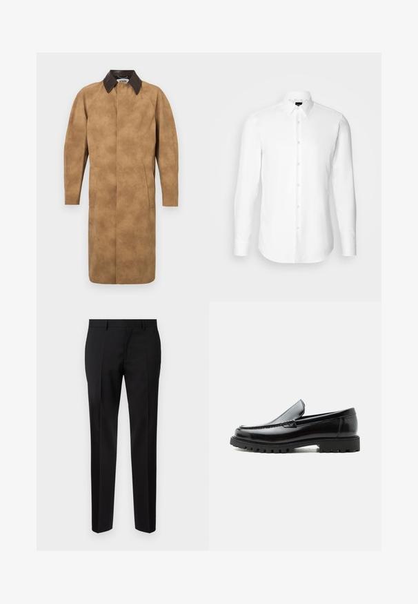 Beige Wildledermantel mit einem braunen Lederkragen, langen Ärmeln, Seiten Taschen und einem geraden Schnitt. Glatte Textur mit minimalen Details.; Weißes Langarmhemd, vorne mit Knöpfen, klassischer Kragen, aus glattem Stoff mit feiner Textur, für eine figurnahe Passform entworfen.; Schwarze maßgeschneiderte Hosen aus glattem Stoff, mit geradem Bein, feinen Bügelfalten und einem klassischen Bund mit Gürtelschlaufen.; Schwarzer Lederloafer mit grober Gummisohle, genähter Oberseite und geprägtem Markennamen an der Ferse, seitlich auf weißem Hintergrund gezeigt.