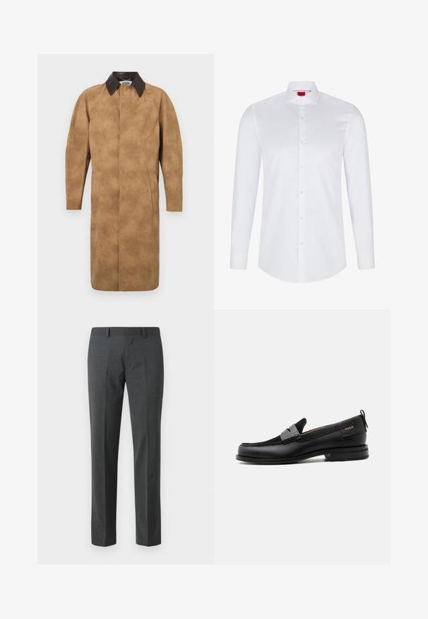 Abrigo de ante marrón claro con cuello de cuero marrón, mangas largas, bolsillos laterales y un diseño recto. Textura suave con un detalle mínimo.; Camisa blanca de manga larga con botones, hecha de algodón suave. Presenta un cuello clásico, una botonera completa y un dobladillo redondeado.; Pantalones ajustados de color gris oscuro fabricados en un textil suave. Presentan perneras rectas, un frente plano y pasadores para cinturón. Sin patrones ni acentos visibles.; Mocasín de cuero negro con detalle de tira gris, tacón bajo y suela texturizada, con la marca "HUGO" en oro en el lateral.