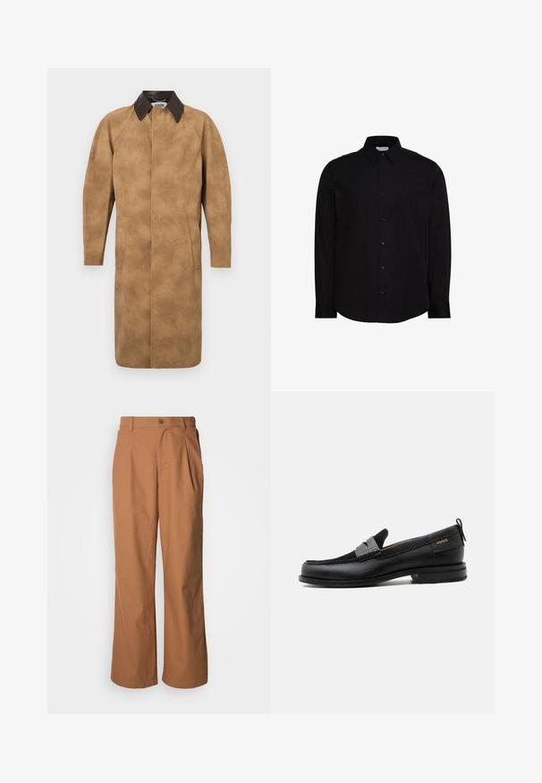Tan suède jas met een bruine leren kraag, lange mouwen, zijzakken en een recht gesneden ontwerp. Glad textuur met minimale details.; Zwarte blouse met lange mouwen en knopen, gemaakt van gladde stof. Heeft een klassieke kraag, een voorpand met knoopsluiting en een klein logo op de borst.; Wijde broekspijpen van een warmbruine stof, voorzien van een knoopsluiting aan de voorkant, subtiele plooien en een recht model voor een ontspannen pasvorm.; Zwarte leren loafer met grijs riemdetailelement, lage hak en gestructureerde zool, aan de zijkant gebrandmerkt met "HUGO" in goud.