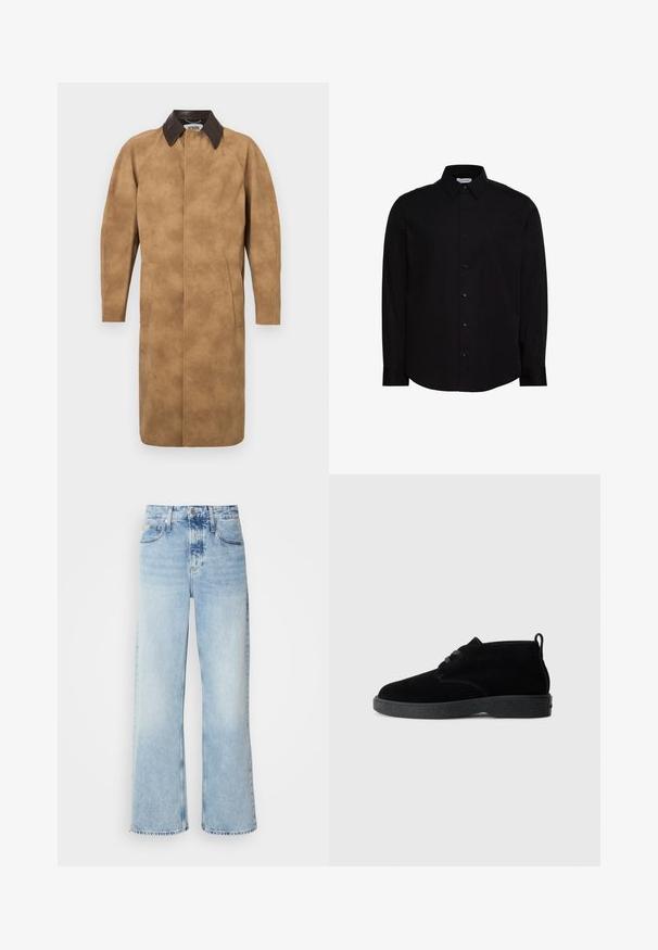 Beige Wildledermantel mit einem braunen Lederkragen, langen Ärmeln, Seiten Taschen und einem geraden Schnitt. Glatte Textur mit minimalen Details.; Schwarzes, langärmeliges Hemd aus glattem Stoff mit Knöpfen. Verfügt über einen klassischen Kragen, eine vordere Knopfleiste und ein kleines Logo auf der Brust.; Helle blaue weite Jeans mit hoher Taille, in verwaschenem Finish, mit Gürtelschlaufen und klassischem Fünf-Taschen-Design. Der Saum ist ungesäumt.; Schwarze Wildleder-Stiefeletten mit runder Zehenpartie, Schnürdesign, schwarzem Gummisohle und einem Zugband an der Rückseite für einfaches An- und Ausziehen.