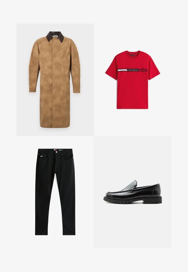 Beige Wildledermantel mit einem braunen Lederkragen, langen Ärmeln, Seiten Taschen und einem geraden Schnitt. Glatte Textur mit minimalen Details.; Rotes T-Shirt mit kurzen Ärmeln und einem horizontalen schwarzen Streifen über der Brust mit weißen und dunkelroten Blöcken sowie dem Text "Tommy Hilfiger".; Schwarze Slim-Fit-Jeans mit fünf Taschen, Metallknopf, Reißverschluss und kleinem Tommy Hilfiger Flaggenlogo auf der rechten Vorderhose.; Schwarzer Lederloafer mit grober Gummisohle, genähter Oberseite und geprägtem Markennamen an der Ferse, seitlich auf weißem Hintergrund gezeigt.