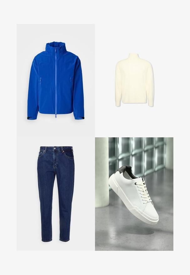 Lysblå vandtæt jakke med høj krave, fuld frontlynlås, to lynlåslommer på siden og justerbare manchetter. Glat tekstur.; Kremfarvet langærmet højhalset sweater med ribbet manchetter og et diskret logo på brystet, vist på en ensfarvet hvid baggrund.; Mørkeblå straight-leg cowboybukser med forreste knap- og lynlås-lukning, bæltestropper samt for- og baglommer.; Hvid lav tå-sneaker med sort struktureret hælfane, hvide snørebånd og tyk sål på en poleret betongulv nær glasblokke.