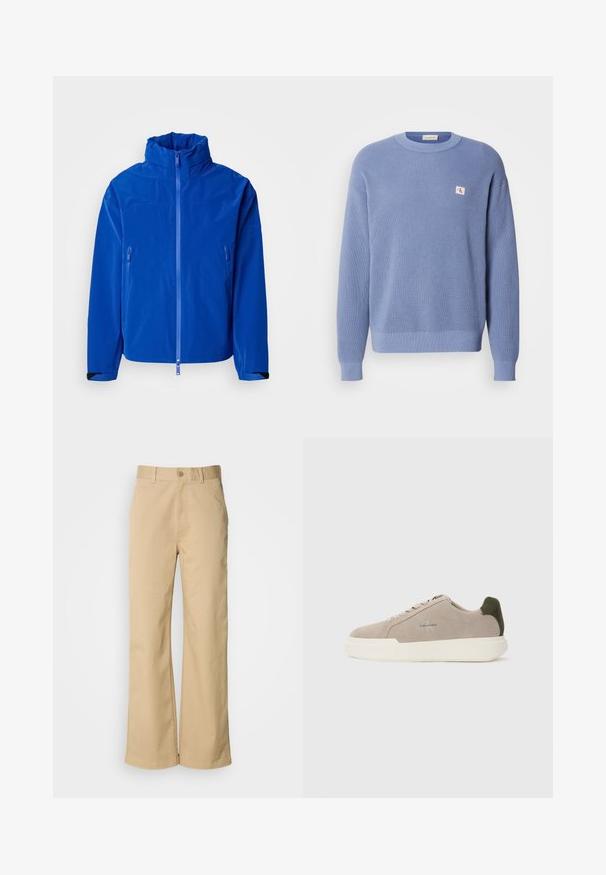 Lysblå vandtæt jakke med høj krave, fuld frontlynlås, to lynlåslommer på siden og justerbare manchetter. Glat tekstur.; Lyseblå strikket sweater med en ribbet tekstur, rund hals og en let oversized pasform. Har et lille logo patch på brystet.; Beige, vidde bukser lavet af en bomuldsblanding. Har en knaplukning og bæltestropper. Glat tekstur med minimale syninger.; Beige ruskinds sneakers med en hvid gummisål, der har en mørkegrøn hælaccent og subtil branding på siden.