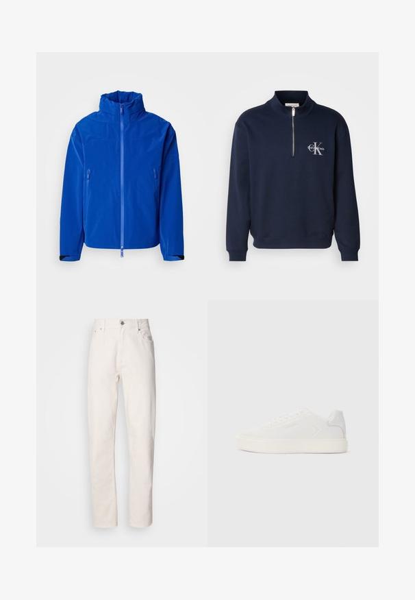 Helle blaue wasserdichte Jacke mit hohem Kragen, vollem Frontreißverschluss, zwei seitlichen Reißverschlusstaschen und verstellbaren Bündchen. Glatte Textur.; Navyblaues, Reißverschluss-Sweatshirt aus weichem Stoff, mit hohem Kragen, gerippten Bündchen und einem Logo auf der Brust in kontrastierenden Farben.; Weiße Denim-Jeans mit geradem Bein, Knopf- und Reißverschluss, Gürtelschlaufen sowie Vorder- und Hintertaschen, auf einfarbigem Hintergrund gezeigt.; Weißer Sneaker mit glattem, synthetischem Obermaterial, runder Zehenpartie und flacher, weißer Sohle. Verfügt über tonales Nähen und eine minimalistische Markierung an der Seite.