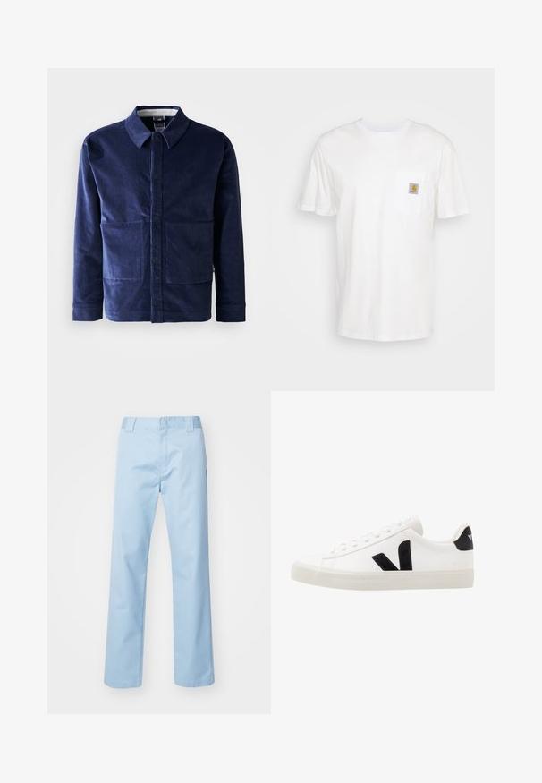 dunkelblaue Cordjacke mit Knopfverschluss, spitzem Kragen und zwei großen Fronttaschen. Glatte Textur und taillierte Passform.; Weißes Baumwoll-T-Shirt mit kurzen Ärmeln, einer Brusttasche und einem kleinen quadratischen Logopatch in Orange und Weiß auf der Tasche.; Helleblau geradlinige Hose aus Baumwollmischgewebe. Verfügt über einen flachen Bund, Seitentaschen und keine sichtbaren Muster oder Verzierungen.; Weiße Leder-Sneaker mit schwarzen Wildlederelementen; verfügen über eine Gummisohle, eine runde Spitze und ein klassisches Schnürdesign. Seitliches Logo in Schwarz.