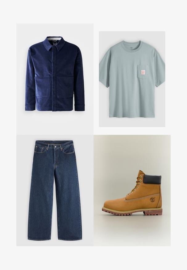 dunkelblaue Cordjacke mit Knopfverschluss, spitzem Kragen und zwei großen Fronttaschen. Glatte Textur und taillierte Passform.; Hellblaues kurzärmeliges Baumwoll-T-Shirt mit Brusttasche und kleinem weißen Etikett mit rotem Text.; Dunkelblaue Jeans mit weitem Bein, Vordertaschen, Knopfverschluss und Gürtelschlaufen, flach auf einem hellen Hintergrund ausgelegt.; Brauner Leder-Stiefelette mit schwarzem Kragen, gelben Schnürsenkeln und hellbrauner Sohle. Verfügt über ein Logo und weiße Ziernähe. Robuste Profilsohle.