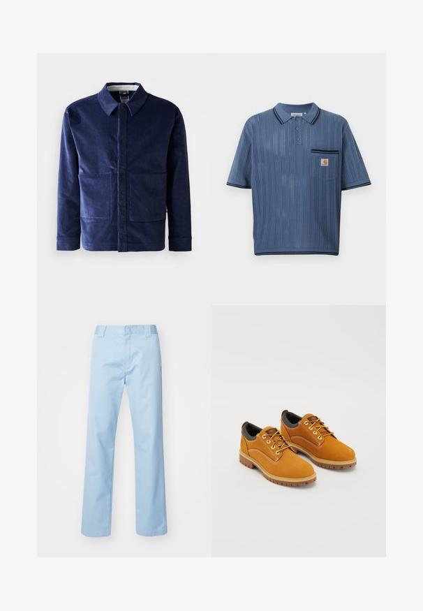 Donkerblauwe corduroy jas met een knoopsluiting aan de voorkant, een puntige kraag en twee grote voorzakken. Glad oppervlak en getailleerde pasvorm.; Blauw gebreid poloshirt met verticale geperforeerde strepen, een drieknopsbies, borstzak met een Carhartt-logo en zwarte afwerking aan kraag en mouwen.; Lichtblauwe rechte broek van een katoenmix. Met een platte tailleband, zijzakken en zonder zichtbare patronen of versieringen.; Bruine suède schoenen met een ronde neus, gele veters, een gewatteerde zwarte kraag en rubberen zolen met gripgroeven.