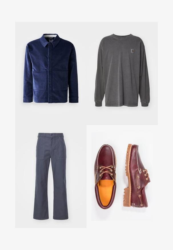 Mørkeblå fløyelsjakke med knaplukning fortil, spiss krave og to store forlommer. Glat tekstur og skræddersyet pasform.; Carhartt WIP VISTA - Langærmet T-shirt - graphite; Mørkegrå, vide bukser lavet af bomuld. Med to forlommer og knaplukning. Glat tekstur med et afslappet design.; Bordeaux lædersko med brune gummisåler, rund tå, hvid syning og gyldne snøringer. Indersiden har et gult for.