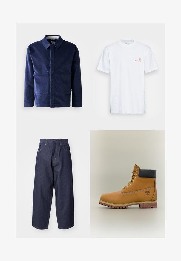 Donkerblauwe corduroy jas met een knoopsluiting aan de voorkant, een puntige kraag en twee grote voorzakken. Glad oppervlak en getailleerde pasvorm.; Witte katoenen t-shirt met korte mouwen. Ontworpen met een klein oranje en kastanjebruin logo op de linkerkant van de borst. Heeft een klassieke ronde hals.; Donkerblauwe denim jeans met een losse, wijde pasvorm. Kenmerken zijn een knoopsluiting, steekzakken aan de voorkant en zichtbare stiksels.; Bruine leren enkellaars met zwarte kraag, gele veters en een zandkleurige zool. Voorzien van een logo en witte stikseldetails. Robuuste loopzool met grip.