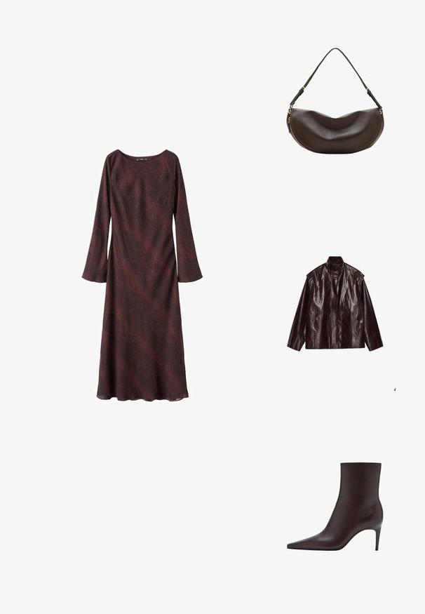 Dunkelbraune, glänzende Lederjacke mit hohem Kragen, langen Ärmeln und zwei vorderen Taschen, flach auf einem weißen Hintergrund ausgelegt.; Langärmeliges Kleid in dunklem Burgunderrot mit einem dezenten abstrakten Muster. Weicher, leichter Stoff mit lockerem Schnitt und rundem Halsausschnitt.; Braune Lederstiefelette mit spitzem Zeh, schlankem Schaft und dünnem, hohem Absatz. Glatte Textur, minimalistisches Design, keine sichtbaren Beschläge.; Dunkelbraune Leder-Schultertasche mit geschwungener Form, verstellbarem Riemen und goldenem Reißverschluss entlang des unteren Randes.