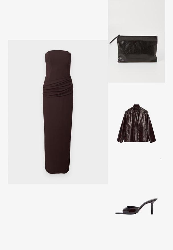 Chaqueta de cuero brillante marrón oscuro con cuello alto, mangas largas y dos bolsillos frontales, dispuesta plana sobre un fondo blanco.; Vestido de noche ajustado de color marrón oscuro sin tirantes, con detalles fruncidos alrededor de la cintura y una falda larga recta.; Mule negra de charol con puntera abierta, tacón stiletto delgado de altura media y correa superior de corte bajo.; Bolsita de cuero negro con una textura suave y ligeramente arrugada. Presenta un cierre de cremallera y una forma rectangular delgada.
