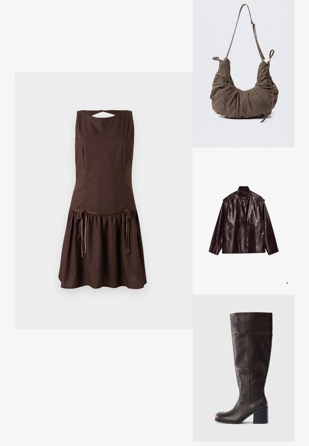 Chaqueta de cuero brillante marrón oscuro con cuello alto, mangas largas y dos bolsillos frontales, dispuesta plana sobre un fondo blanco.; Vestido marrón sin mangas con cuerpo ajustado y falda acampanada. Presenta detalles de cordón en la cintura y un diseño de espalda abierta.; Bota de cuero marrón hasta la rodilla con puntera redonda y tacón apilado. Presenta una textura suave y detalle de costura lateral.; Bolso bandolera de ante marrón con detalles fruncidos, correa ajustable y lazos decorativos laterales, mostrado sobre un fondo neutro.