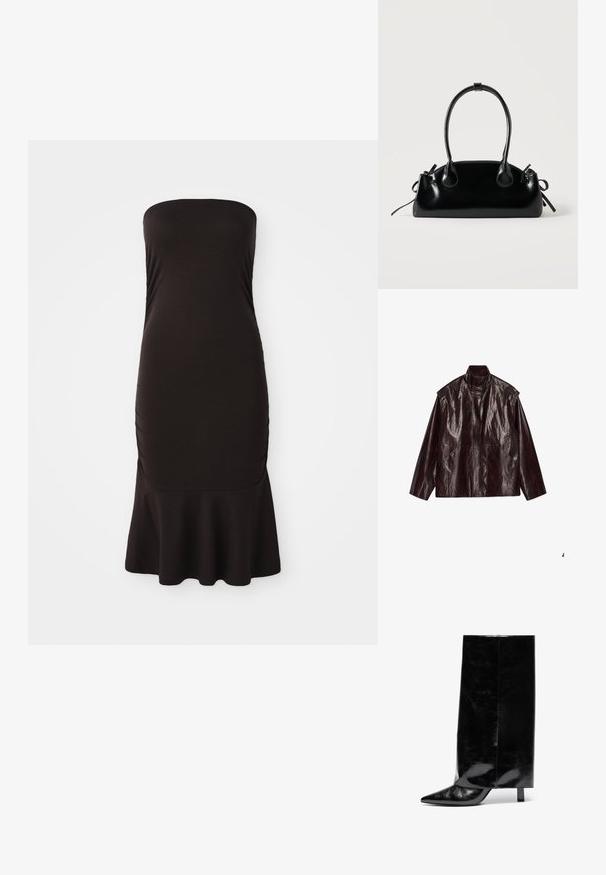 Chaqueta de cuero brillante marrón oscuro con cuello alto, mangas largas y dos bolsillos frontales, dispuesta plana sobre un fondo blanco.; Vestido negro sin mangas hecho de tela elástica, con un corsé ajustado y un dobladillo acampanado, con detalles fruncidos en los laterales para añadir textura.; Botín de cuero negro hasta el tobillo con punta afilada y tacón cuadrado, que presenta un caña alta y brillante y un acabado texturizado en la parte inferior.; Pequeño bolso negro brillante con dos asas largas y detalles de cordón lateral sobre un fondo claro liso.