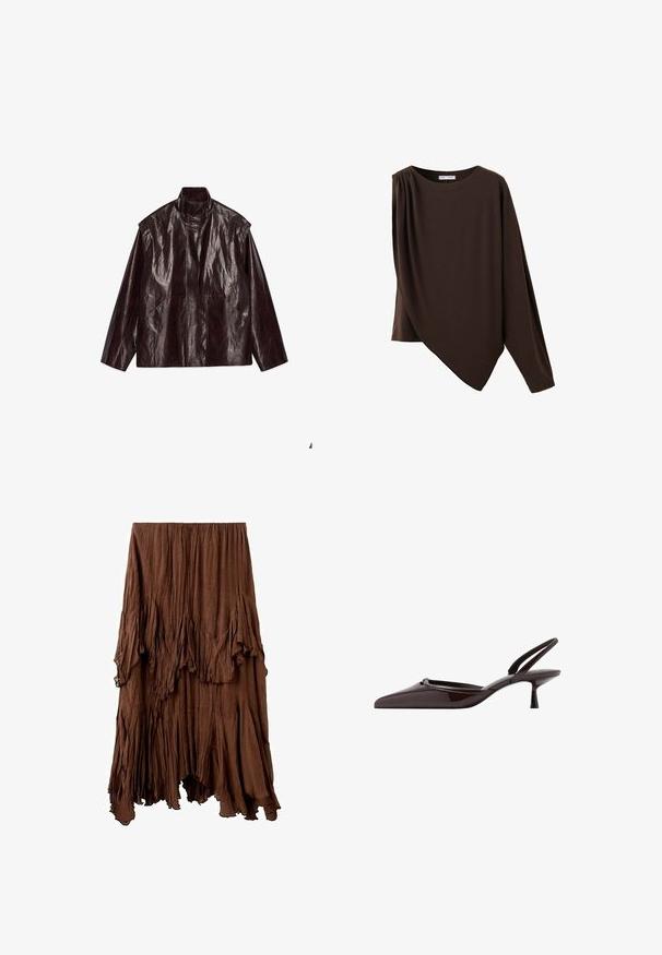 Chaqueta de cuero brillante marrón oscuro con cuello alto, mangas largas y dos bolsillos frontales, dispuesta plana sobre un fondo blanco.; Top asimétrico de manga larga en marrón oscuro, con escote redondo y detalle fruncido en un hombro.; Falda marrón arrugada con un dobladillo asimétrico y detalles de tela superpuesta y drapeada que crean un aspecto texturizado y fluido.; Zapato salón destalonado de charol marrón oscuro con punta afilada y tacón bajo de estilo gatito sobre fondo blanco.