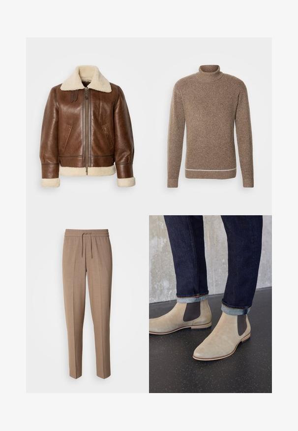 Chaquetón de aviador de cuero marrón con un cuello y puños de borreguillo crema. Cuenta con un cierre frontal, bolsillos laterales y hombros estructurados.; INDICODE JEANS Jersey de punto - otter; Pantalones de tela tejida marrón con corte relajado, cintura con cordón y pliegues frontales. Piernas rectas y sin bolsillos visibles ni herrajes.; Botas Chelsea de ante beige claro con paneles laterales elásticos oscuros, usadas con vaqueros oscuros remangados sobre un suelo negro moteado.