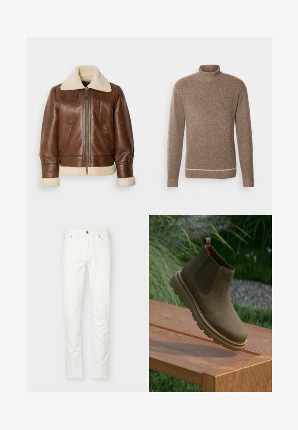 Veste aviateur en cuir marron avec un col et des poignets en shearling crème. Elle est dotée d'une fermeture éclair à l'avant, de poches latérales et d'épaules structurées.; INDICODE JEANS Pullover - otter; Jean blanc à coupe slim avec fermeture à boutons et zip à l'avant, cinq poches et passants pour ceinture, présenté sur un fond clair uni.; Bottine Chelsea en suede marron avec des panneaux latéraux élastiques, semelle en caoutchouc plate et une languette au talon, présentée sur une surface en bois.