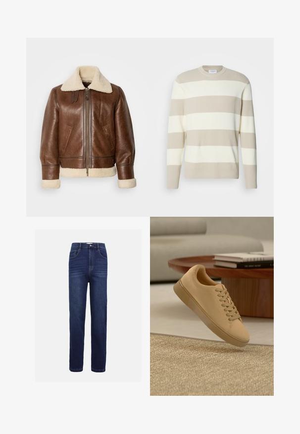 Chaquetón de aviador de cuero marrón con un cuello y puños de borreguillo crema. Cuenta con un cierre frontal, bolsillos laterales y hombros estructurados.; Suéter beige a rayas con textura acanalada, que presenta amplias franjas crema, escote redondo y mangas largas.; Vaqueros de mezclilla en azul oscuro, con un diseño de pierna recta, cinco bolsillos, cierre de botón y sutiles detalles de costura horizontal.; Zapatilla beige con cordones flotando sobre una alfombra texturizada con una mesa de café de madera y libros apilados en un fondo desenfocado.