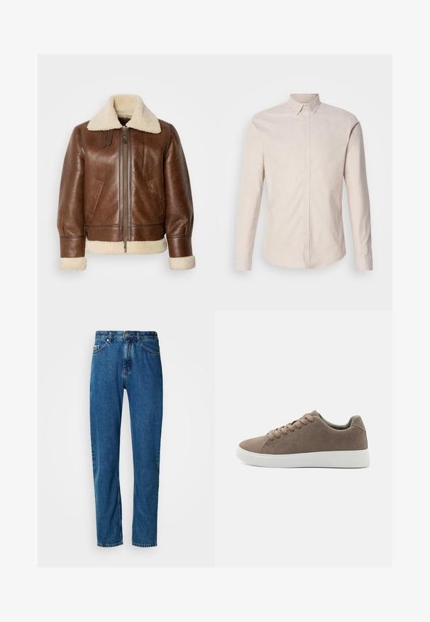 Veste aviateur en cuir marron avec un col et des poignets en shearling crème. Elle est dotée d'une fermeture éclair à l'avant, de poches latérales et d'épaules structurées.; Chemise beige clair à manches longues avec un col boutonné, fabriquée en tissu texturé, dotée d'une fermeture à boutons sur le devant et sans motifs visibles.; Jean en denim droit bleu avec cinq poches et fermeture à bouton à l'avant sur fond blanc.; Baskets en daim marron avec des semelles en caoutchouc blanc plat, design lacé, bout rond et texture lisse. Style minimaliste avec des détails de couture subtils.
