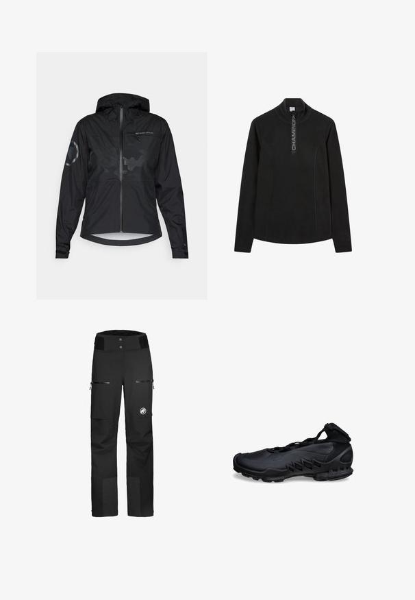 Veste noire imperméable avec capuche, fermeture éclair à l'avant et accents réfléchissants. Présente une finition mate et un motif camouflage subtil. Manches ajustables.; Pull-over en polaire noire avec un col zippé au quart, arborant un logo "CHAMPION" gris sur le devant et des manches longues au design ajusté.; Pantalon de ski noir à coupe droite, équipé de deux poches avant, de zips et de détails texturés au bas des jambes pour la protection.; Chaussure de sport noire au design élégant, avec des découpes en mesh sur le côté et un col montant haut à la cheville avec des sangles attachées.