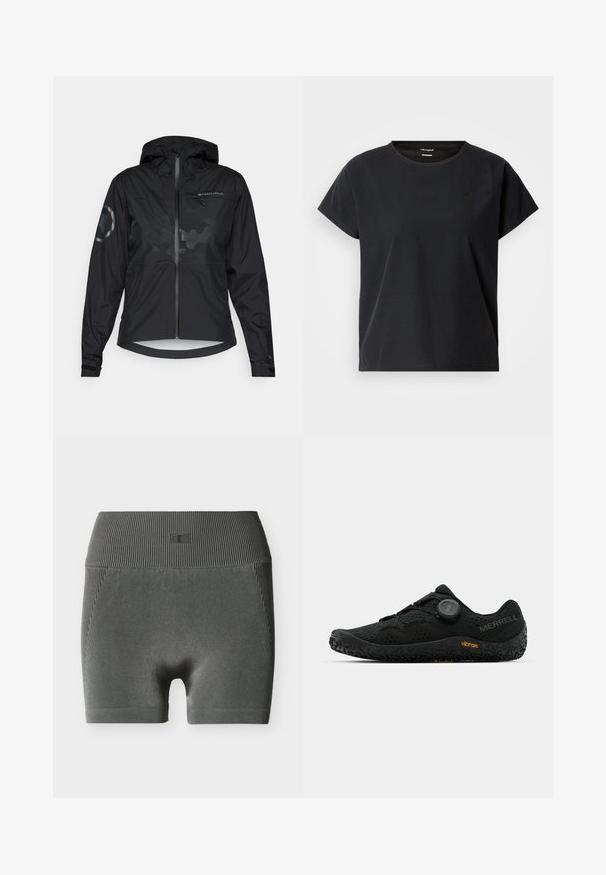 Veste noire imperméable avec capuche, fermeture éclair à l'avant et accents réfléchissants. Présente une finition mate et un motif camouflage subtil. Manches ajustables.; T-shirt de sport noir à manches courtes avec un col rond, fabriqué en tissu texturé, avec un logo subtil sur le devant.; Shorts de cycliste à taille haute côtelés gris foncé avec un petit logo embossé sur la ceinture, présentés sur un fond blanc.; Chaussure de sport noire avec une tige en mesh respirant, système de laçage Boa, semelle noire texturée et branding Vibram. Conception durable et légère.