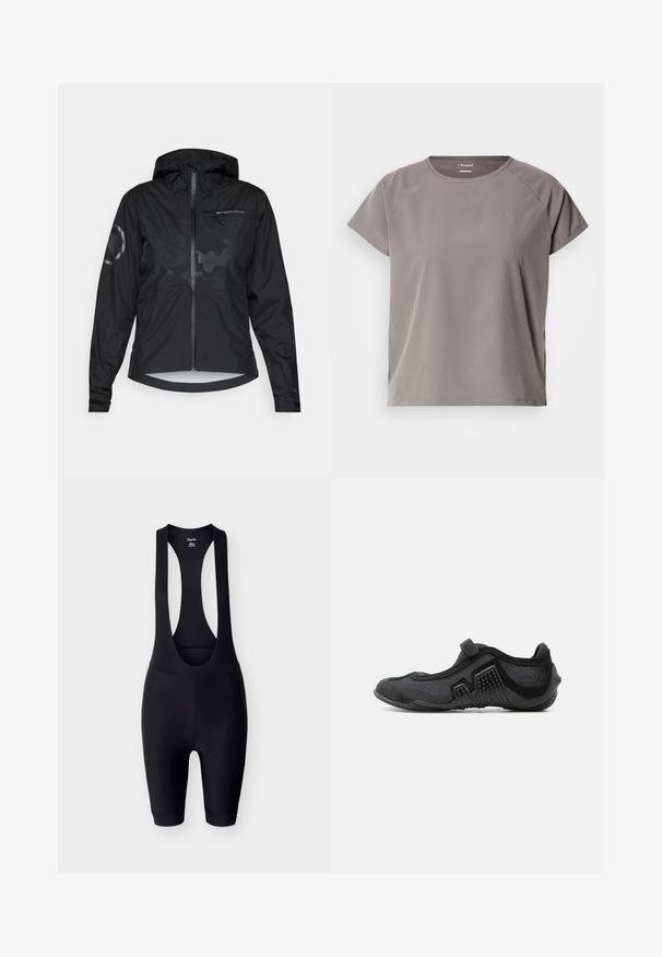 Veste noire imperméable avec capuche, fermeture éclair à l'avant et accents réfléchissants. Présente une finition mate et un motif camouflage subtil. Manches ajustables.; T-shirt de sport gris clair à manches courtes avec un col rond, une texture lisse et des fentes latérales pour faciliter les mouvements. Présente un logo sur la poitrine.; Cuissard de cyclisme noir avec siège rembourré et larges bretelles, taille petite, présenté sur un fond gris clair.; Chaussure noire flexible et minimaliste avec semelle texturée et bride réglable, conçue pour la marche pieds nus ou les activités nautiques.