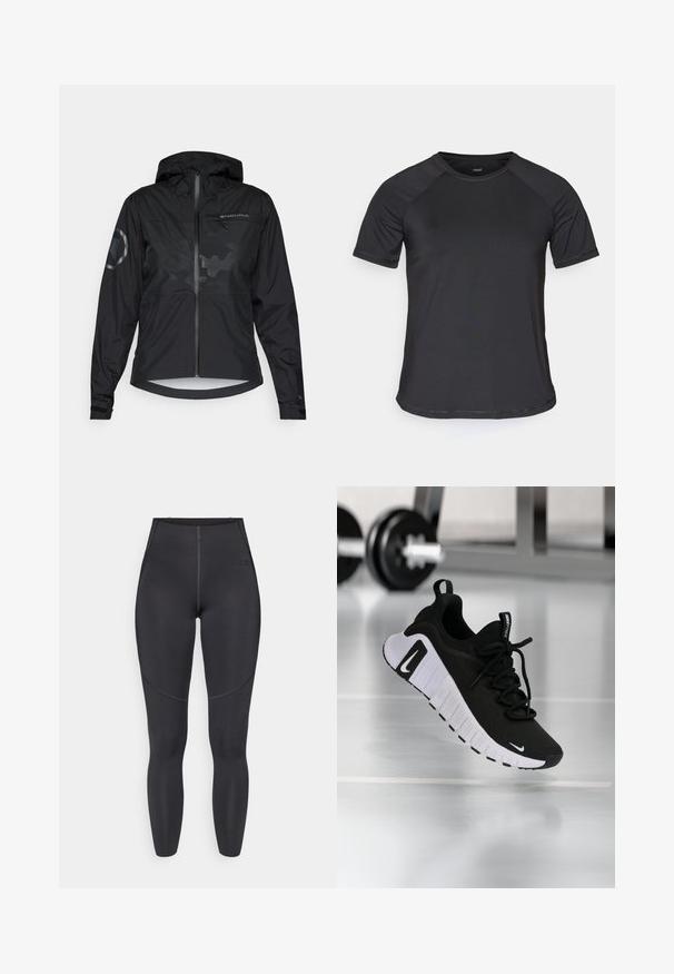 Veste noire imperméable avec capuche, fermeture éclair à l'avant et accents réfléchissants. Présente une finition mate et un motif camouflage subtil. Manches ajustables.; T-shirt de sport noir à manches courtes avec des manches raglan, texture lisse et col rond. Présente des coutures cousues et une coupe décontractée.; Leggings noirs taille haute en tissu extensible, dotés de coutures flatlock et d'une coupe ajustée, idéaux pour une utilisation en vêtements de sport.; Chaussure de sport noire avec une tige en tissu texturé, une semelle blanche et un système de laçage prononcé. Présente un logo Nike et un design doux et rembourré.