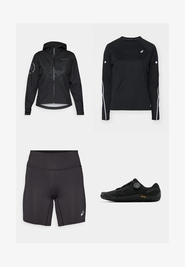 Veste noire imperméable avec capuche, fermeture éclair à l'avant et accents réfléchissants. Présente une finition mate et un motif camouflage subtil. Manches ajustables.; T-shirt de sport noir à manches longues avec des manches raglan, bandes réfléchissantes blanches sur les côtés et col rond. Présente un petit logo sur la poitrine.; Shorts de sport noirs avec une texture lisse, un design ajusté et une taille haute. Ils présentent des coutures contrastantes et un petit logo sur la jambe inférieure.; Chaussure de sport noire avec une tige en mesh respirant, système de laçage Boa, semelle noire texturée et branding Vibram. Conception durable et légère.