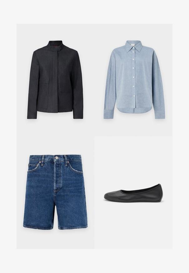 Donkergrijs jack met een staande kraag, twee voorkezen en een strakke uitstraling. Gemaakt van textiel met een structuur, wat zorgt voor een minimalistische look.; Lichtblauw overhemdd met lange mouwen, gemaakt van lichtgewicht stof, met een puntige kraag en een gebogen zoom. Klassieke knoopdetails.; Donkerblauwe denim shorts met een klassieke snit, voorzien van vijf zakken, een knoopsluiting en contrasterende oranje stikdetails.; Zwarte leren ballerina met een ronde neus, gladde textuur, minimale stikdetails en een flexibele zoolontwerp.