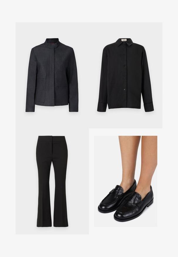 Mørkegrå jakke med opretstående krave, to forlommer og et rent design. Lavet af tekstureret stof, der tilbyder et minimalistisk udseende.; Sort langærmet skjorte med knapper, spids krave og manchetter, vist fladt med mærkeetiketten "Aeron" synlig inde i kraven.; Sorte højtaljede skræddersyede bukser med en let vidde, med skjult frontlukning og subtilt tekstureret stof.; Sorte læderloafer med krokodillestruktur, der har en rund tå og ingen snørebånd, vist på bare ben. Flad sål og lav hæl.