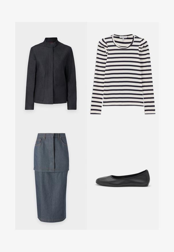 Mørkegrå jakke med opretstående krave, to forlommer og et rent design. Lavet af tekstureret stof, der tilbyder et minimalistisk udseende.; Langærmet ribbet top med horisontale navy og hvide striber; har en rund halsudskæring og sammenrullet detaljer ved skuldrene.; Jeanskjorte i en mørkeblå nuance, med forlommer, en tætsiddende talje og en knælængde, prydet med kontraststing.; Sort læderballetsko med rund tå, glat tekstur, minimal syning og et fleksibelt såldesign.