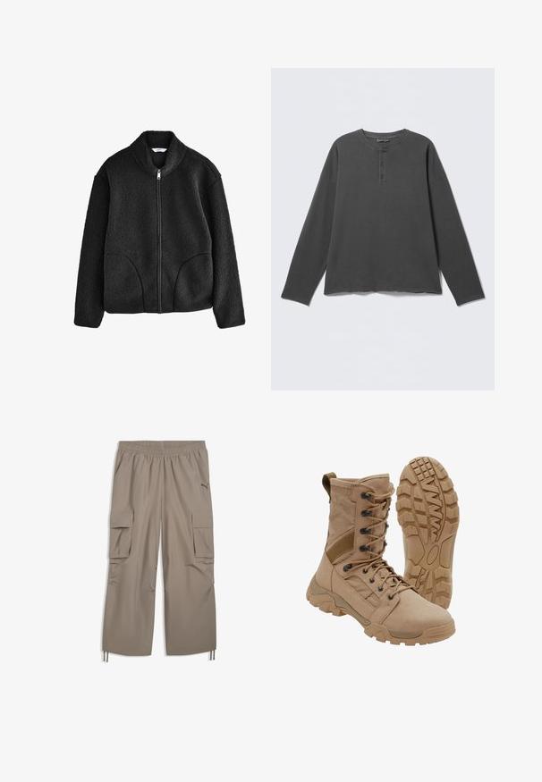 Sort fleecejakke med høj krave, fuld frontlynlås og to sidelommer. Teksturstof med en blød, luksuriøs fornemmelse.; Mørkegrå langærmet henley-shirt med rund halsudskæring og tre knapper på frontpladen.; Lysebrune cargobukser med elastisk linning, sidelommer med klap, snore ved manchetterne og et lille Puma-logo på højre lår.; Brun taktisk støvle med snørelukning i ankellængde og robust gummisål, en støvle står oprejst og den anden viser slidbanemønster.
