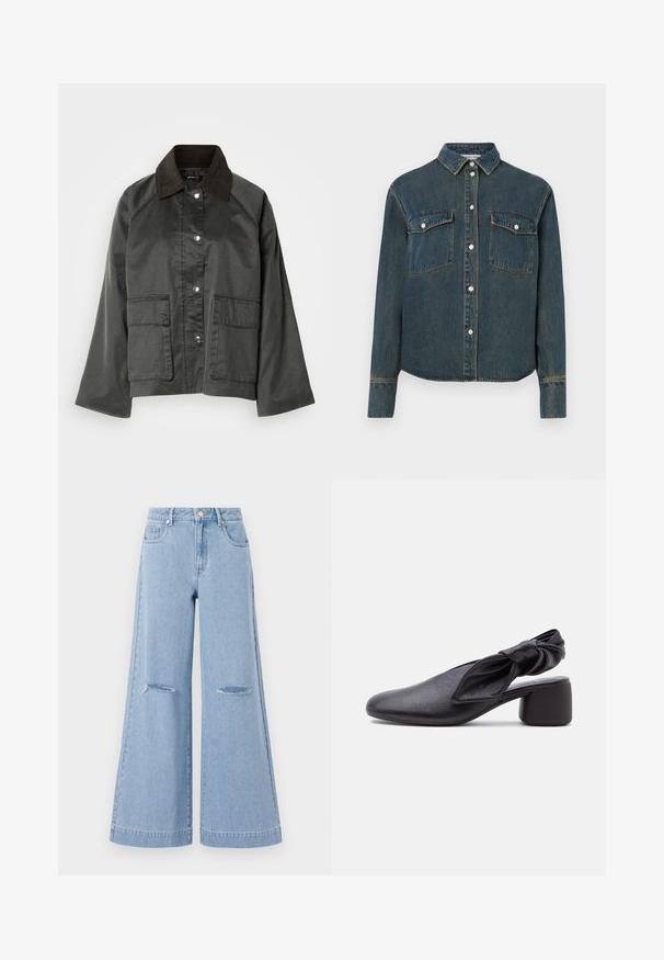 Front udsigt af en grå, letvægtsjakke med en mørkebrun krave, trykknapper og to store forlommer. Glat tekstur, afslappet design.; Denimskjorte med krave, lange ærmer, to brystlommer og knaplukning foran. Mørkeblå farve med en falmet tekstur.; Lyseblå bredbenede jeans med høj talje, der har to forlommer og to slidte knædetaljer, fremstillet af denimmateriale.; Sort læder slingback-sko med rundet tå, detaljer med knyttet rem og lav blokhæl på hvid baggrund.