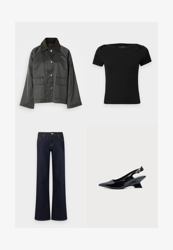 Voorkant van een grijze, lichte jas met een donkerbruine kraag, drukknoopsluitingen en twee grote voortassen. Gladde textuur, casual ontwerp.; Zwart geribbeld aansluitend kort mouw shirt met boothals en label "Casual Elegance ONLY" aan de binnenkant van de kraag.; Donkerblauwe denim jeans met wijde pijpen, voorzakken, knoop- en ritssluiting, en zichtbare contrasterende stiksels.; Zwarte lakleren slingback schoen met spitse neus en lage schuine blokhak op een effen lichte achtergrond.
