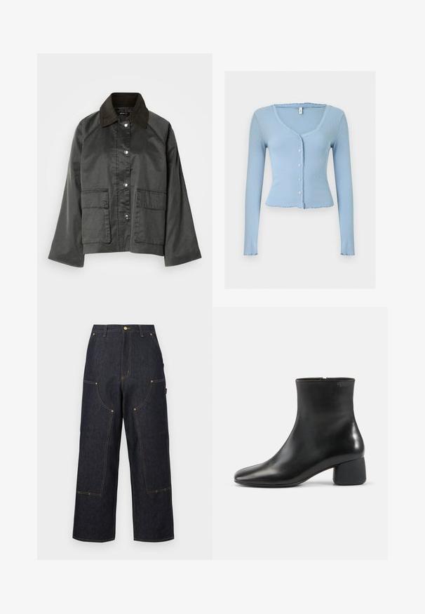 Front udsigt af en grå, letvægtsjakke med en mørkebrun krave, trykknapper og to store forlommer. Glat tekstur, afslappet design.; Lyseblå, ribstrikket cardigan med lange ærmer med små hvide knapper, V-udskæring og let flæsekant på krave, manchetter og kant.; Mørkeblå vidde jeansbukser med flere lommer foran, kontrastfarvet orange syning og lukning med knap i taljen.; Sort læderankelstøvle med afrundet firkantet tå, sidelås og chunky lav hæl på ensfarvet lys baggrund.