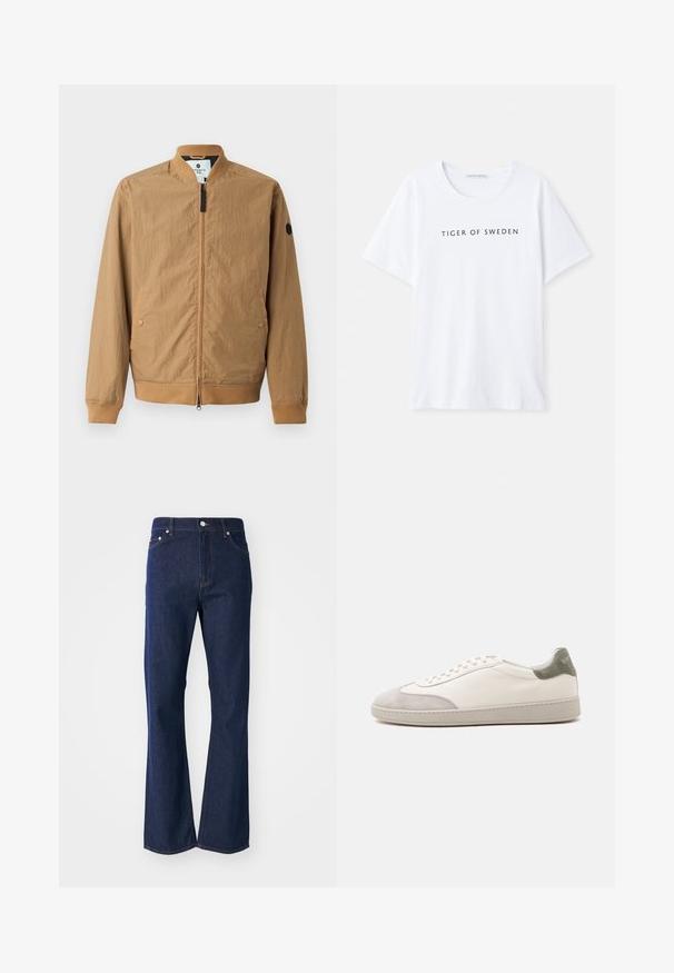 Bomber en marron clair avec col montant, poignets côtelés, deux poches latérales et un patch logo noir sur la manche gauche. Fermeture éclair.; T-shirt blanc à col rond et à manches courtes. Un texte noir indique "TIGER OF SWEDEN" centré sur le devant. Texture du tissu lisse.; Jeans évasés de couleur bleu foncé en denim. Comprend cinq poches, une fermeture éclair à l'avant et un bouton métallique. Accents de couture classique.; Baskets basses blanches avec accents en daim gris clair sur le bout et le talon, lacets blancs et semelle beige plate, vues de côté extérieur.
