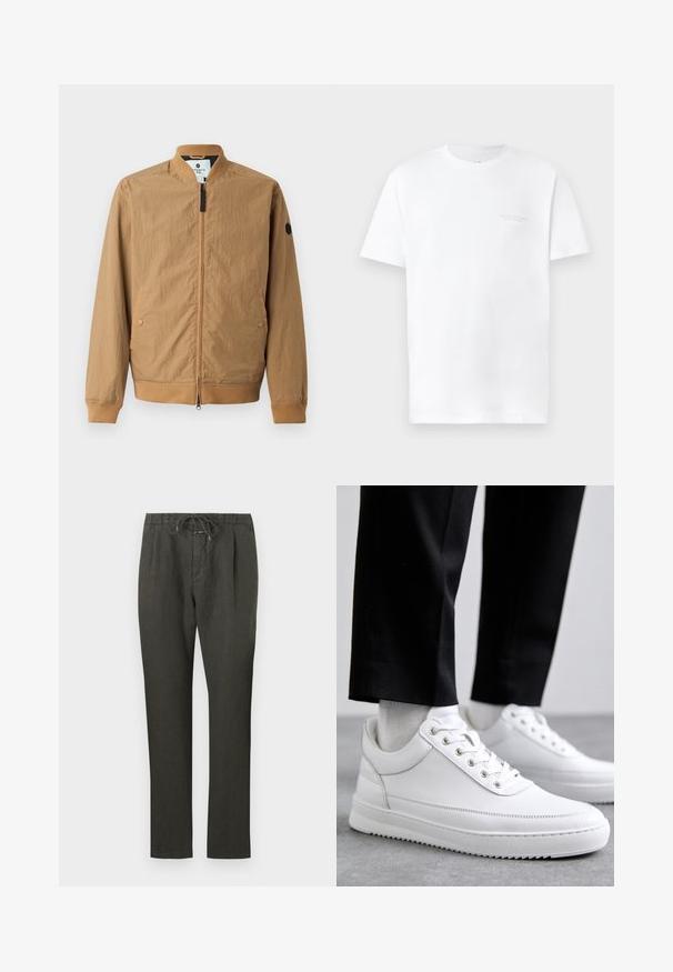 Bomber en marron clair avec col montant, poignets côtelés, deux poches latérales et un patch logo noir sur la manche gauche. Fermeture éclair.; T-shirt en coton blanc à manches courtes, encolure ronde, présentant un imprimé logo gris subtil sur la zone gauche de la poitrine et une texture lisse.; Pantalons en lin gris foncé avec taille à cordon. Design à jambe droite, tissu léger, peu de détails, et texture lisse.; Baskets blanches en cuir avec une semelle en caoutchouc plat, présentant une finition lisse, un bout rond et des œillets en métal pour les lacets. Portées avec un pantalon noir.