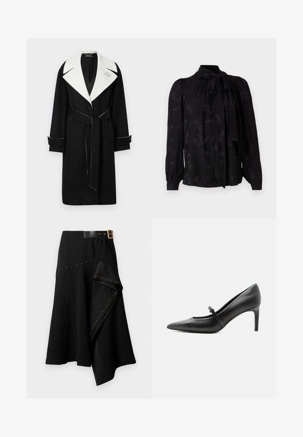 Abrigo de lana negro con un amplio cuello blanco, cintura ceñida con cinturón, botones frontales y costuras blancas en contraste en los puños y el dobladillo.; Blusa negra con un alto cuello y detalle de lazo. Presenta un sutil patrón floral y mangas largas abullonadas con puños fruncidos. Textura suave.; Falda negra que presenta una cintura ajustada con un cinturón de hebilla dorada, un dobladillo asimétrico y tachuelas doradas a lo largo de la costura lateral. Fabricada con una tela suave.; Zapato de tacón alto de cuero negro con punta puntiaguda, con tira fina y hebilla sobre el empeine, sobre fondo claro y neutro.
