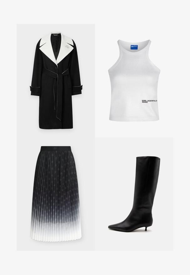 Abrigo de lana negro con un amplio cuello blanco, cintura ceñida con cinturón, botones frontales y costuras blancas en contraste en los puños y el dobladillo.; Top corto sin mangas blanco con cuello alto y logo "Karl Lagerfeld Jeans" en la parte inferior derecha del frente.; Falda plisada ombré en blanco y negro con sutil patrón floral disperso y cinturilla negra sólida.; Bota alta de cuero negro hasta la rodilla con puntera puntiaguda y tacón bajo tipo kitten sobre un fondo claro y liso.