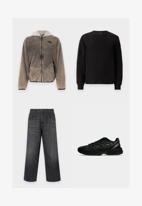 Veste en polaire marron zippée, avec une capuche doublée en sherpa et des poches latérales, dotée d'un petit écusson logo noir sur la poitrine gauche.; Pull noir en tricot avec une texture côtelée, col rond et manches longues. Présente un design à panneaux subtil et un petit logo sur la manche.; Jean large en denim foncé à taille haute, avec surpiqûres contrastantes, fermeture à bouton et deux poches avant. Texture lisse, coupe droite.; Baskets de sport noires avec des motifs en forme de vagues et un petit logo crocodile sur le côté, affichées sur un fond uni gris clair.
