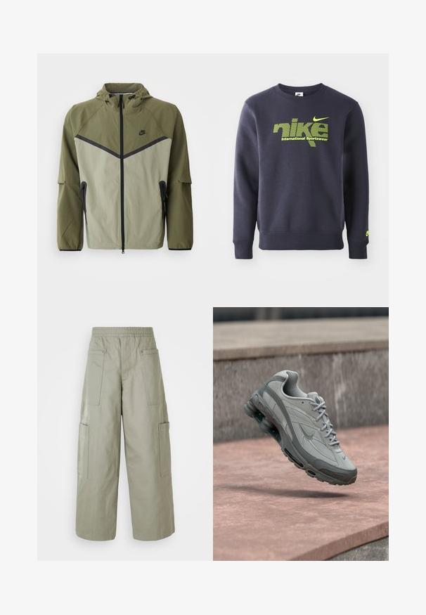 Meeste Nike jope oliivrohelises ja helesinisest, millel on tõmblukuga sulgur, kapuuts ja mustad aktsendid. Valmistatud kergest, tekstuurilisest kangast.; Tumesinine sviiter puuvillasegist, millel on neoonroheline logo ja tekst "nike international sportswear" rinna kohal, soonikkoes mansetid ja allserv.; Laiad, oliivrohelised cargo-püksid elastse vöökohtadega, mitme tasku ja sileda tekstuuriga. Kokkuklapitav laius allääris.; Hall ja valge Nike toss kivist astme kohal, nähtava õhupehmenduse ja tekstuurse tallaga.